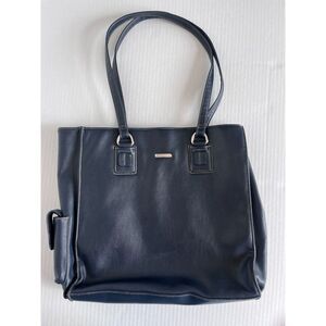 Liz Claiborne Womens Black Leather Double Handle Pocket Handbag Shoulder Bag